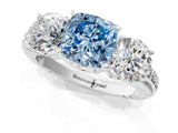 White gold Three-Stone Fancy Blue Cushion Cut Cut Diamond Ring with Channel-Set Band and Prong Setting_1