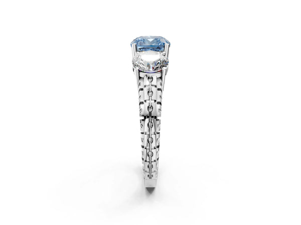 Platinum Three-Stone Fancy Blue Cushion Cut Cut Diamond Ring with Channel-Set Band and Prong Setting