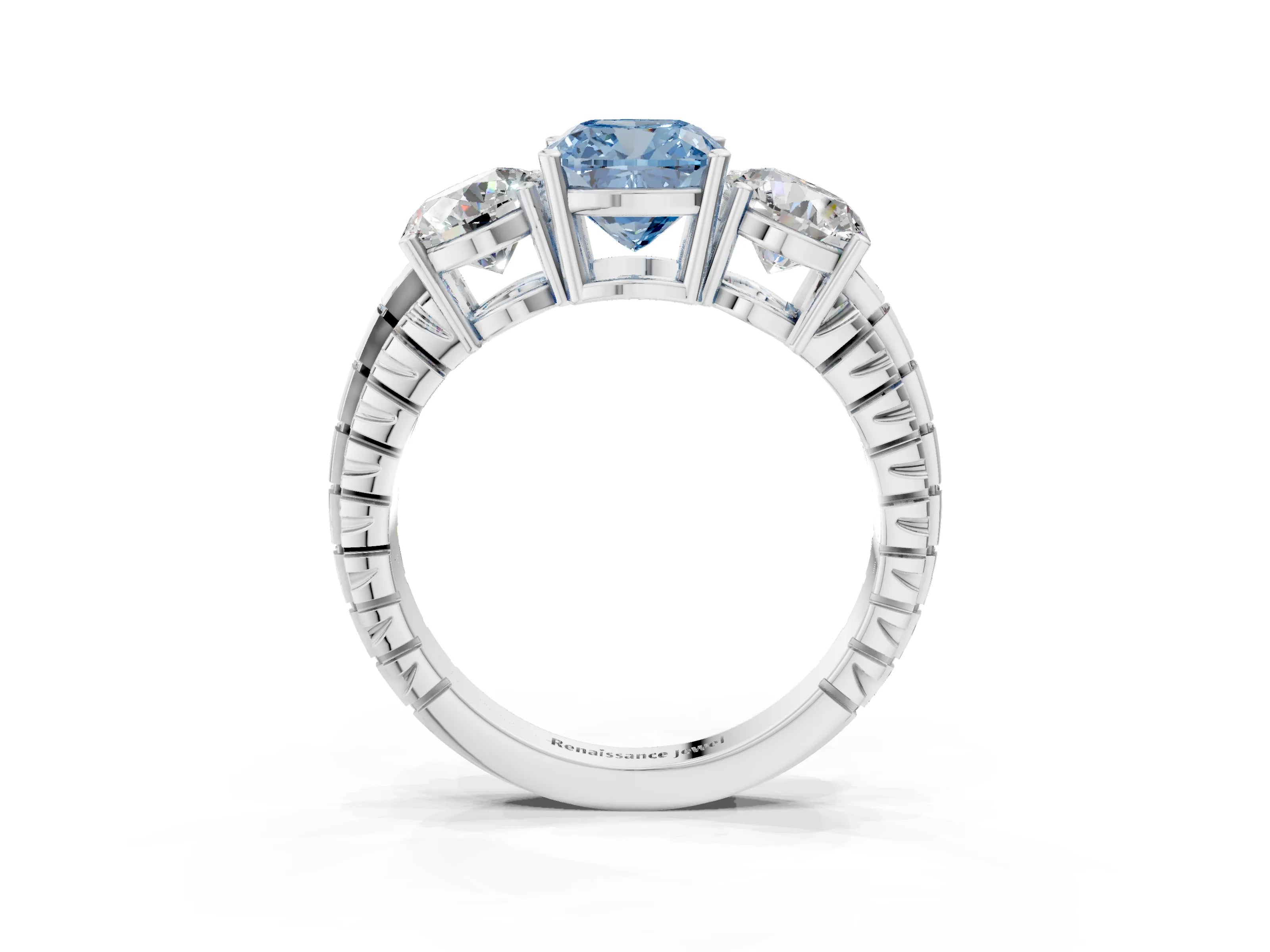 White gold Three-Stone Fancy Blue Cushion Cut Cut Diamond Ring with Channel-Set Band and Prong Setting_3