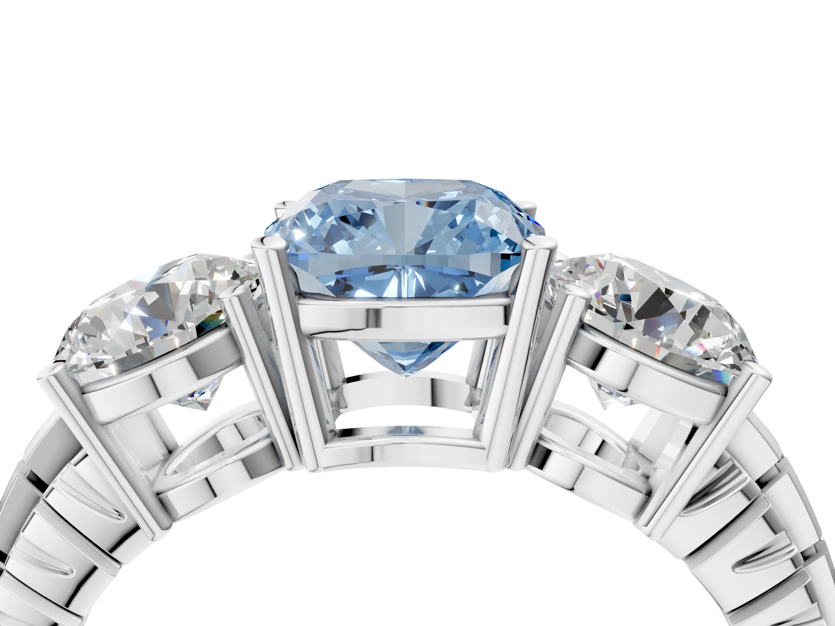 White gold Three-Stone Fancy Blue Cushion Cut Cut Diamond Ring with Channel-Set Band and Prong Setting_4