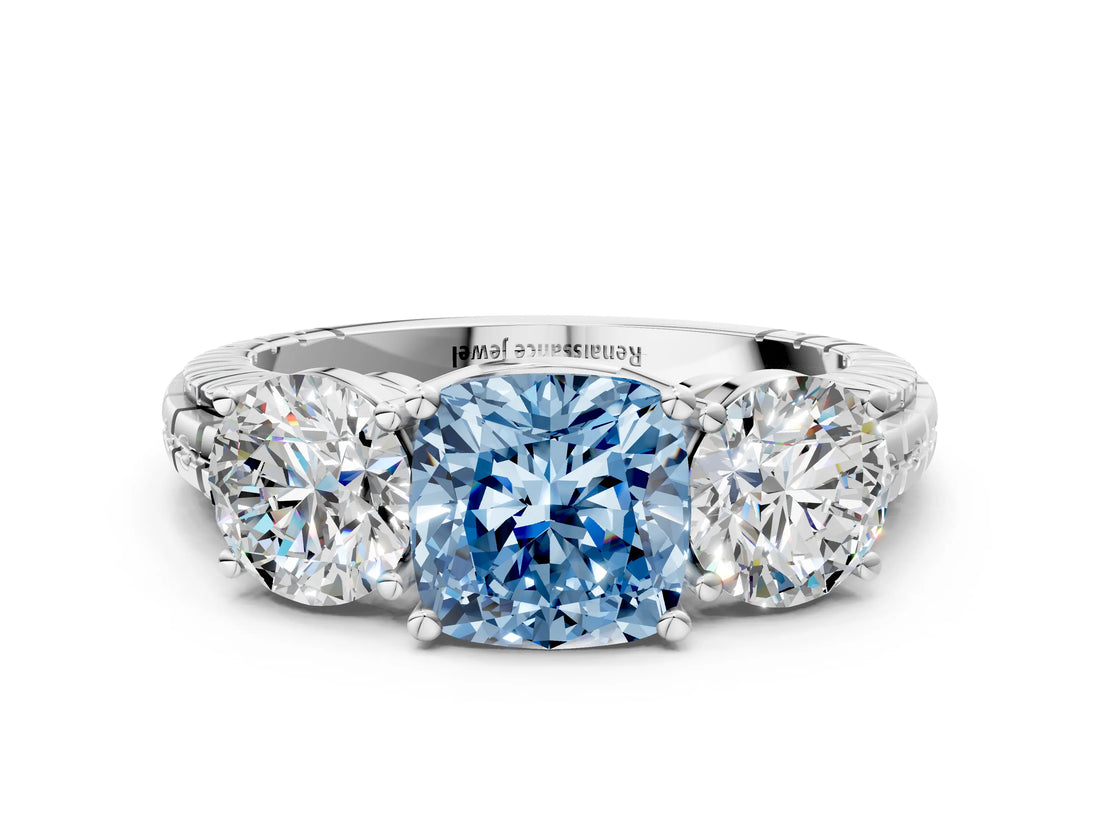 White gold Three-Stone Fancy Blue Cushion Cut Cut Diamond Ring with Channel-Set Band and Prong Setting
