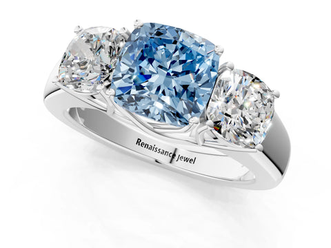White gold Three-Stone Fancy Blue Cushion Cut Cut Diamond Ring with Prong Setting and Classic Band_1