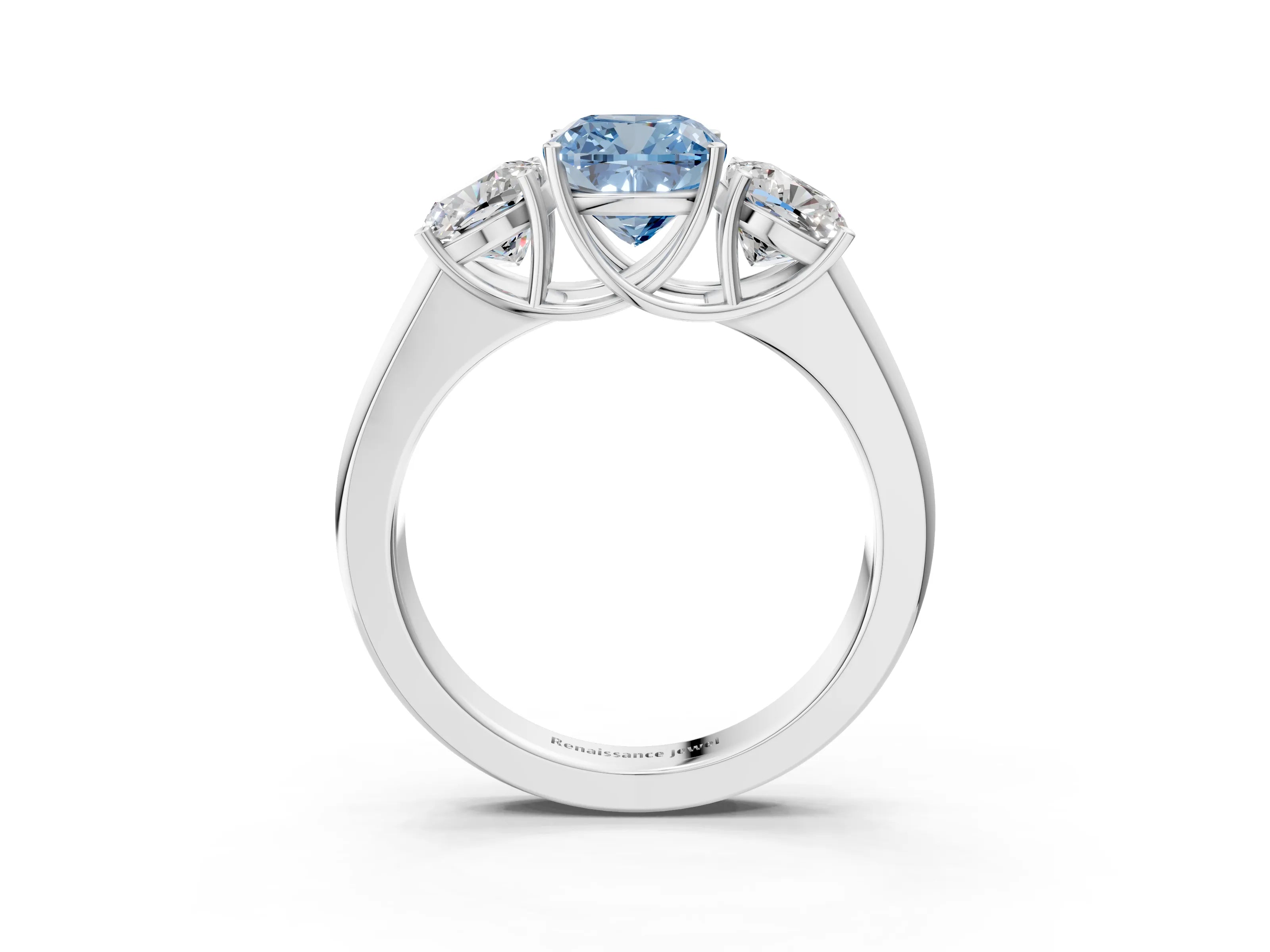 White gold Three-Stone Fancy Blue Cushion Cut Cut Diamond Ring with Prong Setting and Classic Band_3