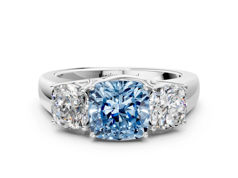 White gold Three-Stone Fancy Blue Cushion Cut Cut Diamond Ring with Prong Setting and Classic Band