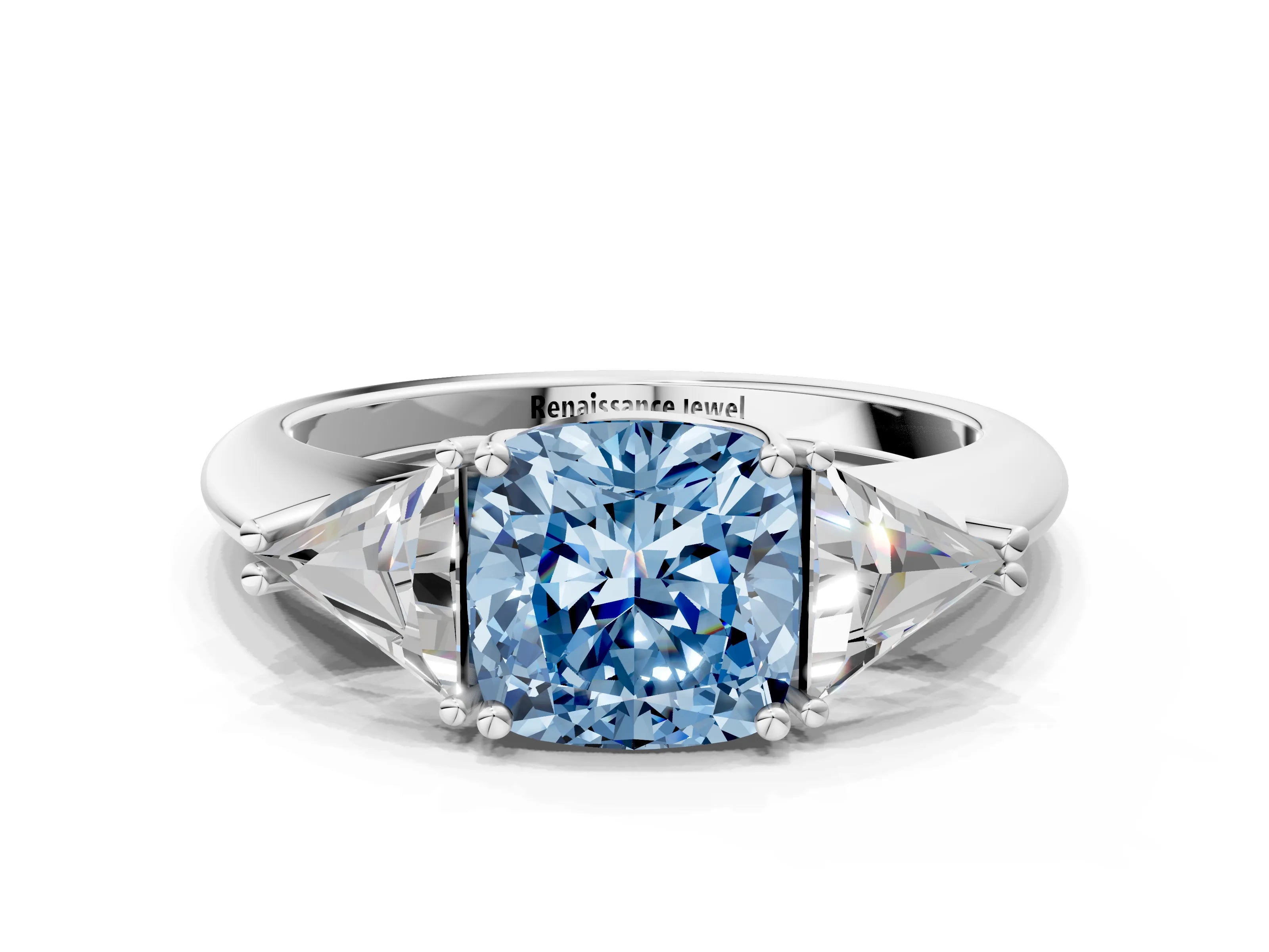 White gold Three-Stone Fancy Blue Cushion Cut Cut Diamond Ring with Trillion Side Stones and Four-Prong Setting_11