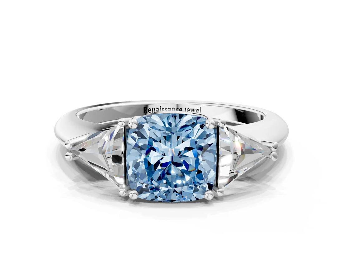 White gold Three-Stone Fancy Blue Cushion Cut Cut Diamond Ring with Trillion Side Stones and Four-Prong Setting_11
