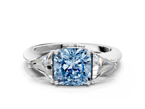 White gold Three-Stone Fancy Blue Cushion Cut Cut Diamond Ring with Trillion Side Stones and Four-Prong Setting_11