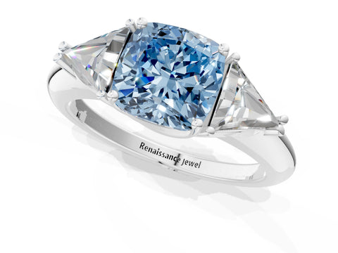 White gold Three-Stone Fancy Blue Cushion Cut Cut Diamond Ring with Trillion Side Stones and Four-Prong Setting_12