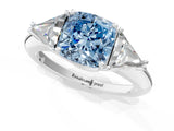 White gold Three-Stone Fancy Blue Cushion Cut Cut Diamond Ring with Trillion Side Stones and Four-Prong Setting_12