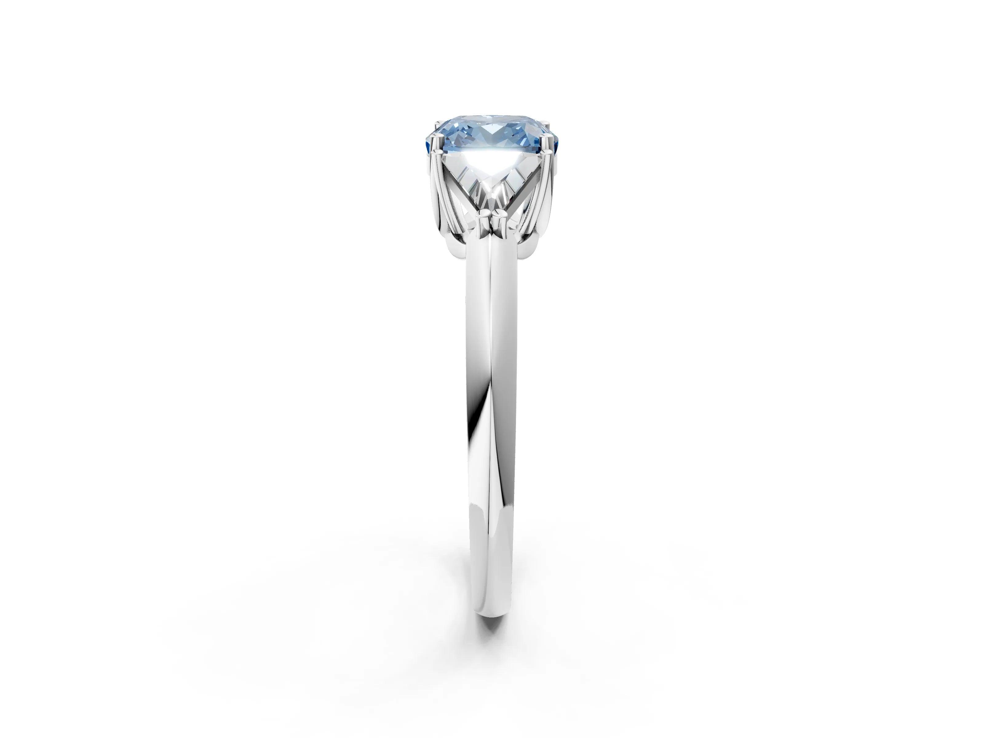 White gold Three-Stone Fancy Blue Cushion Cut Cut Diamond Ring with Trillion Side Stones and Four-Prong Setting_13