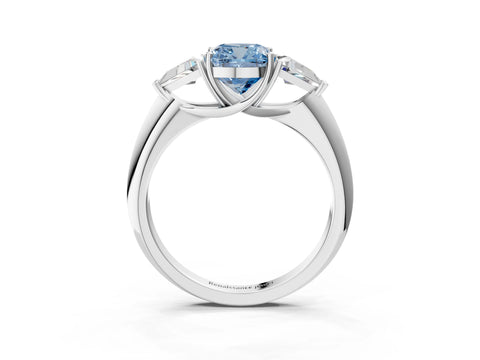 White gold Three-Stone Fancy Blue Cushion Cut Cut Diamond Ring with Trillion Side Stones and Four-Prong Setting_14