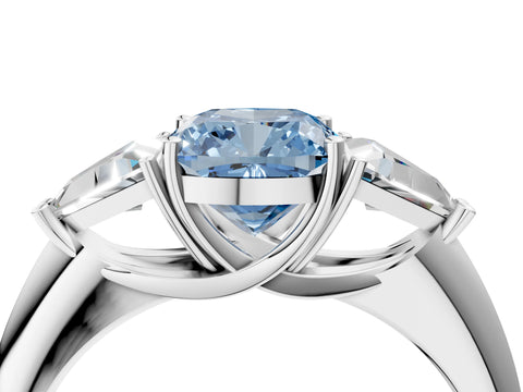 White gold Three-Stone Fancy Blue Cushion Cut Cut Diamond Ring with Trillion Side Stones and Four-Prong Setting_15