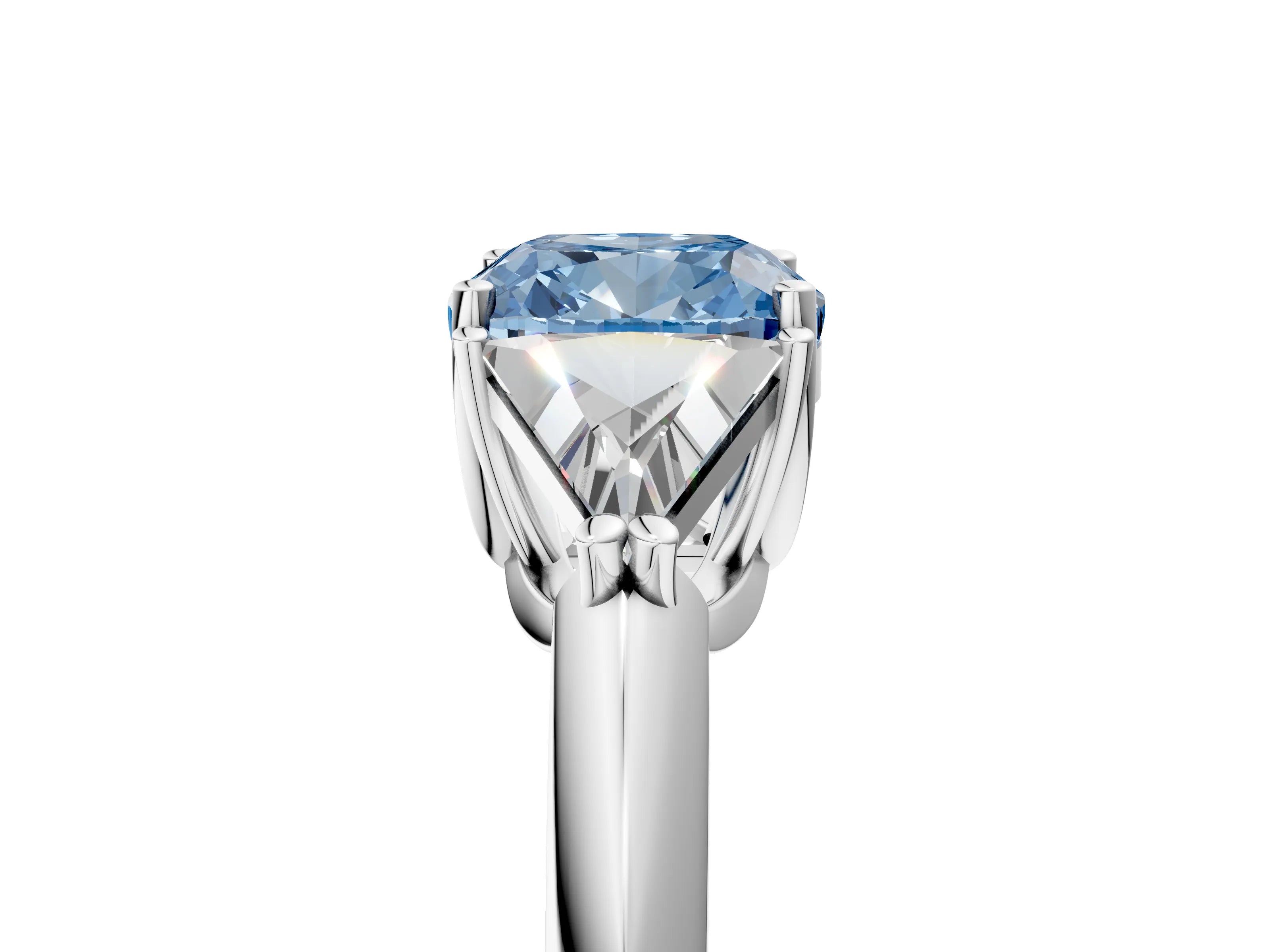 White gold Three-Stone Fancy Blue Cushion Cut Cut Diamond Ring with Trillion Side Stones and Four-Prong Setting_16