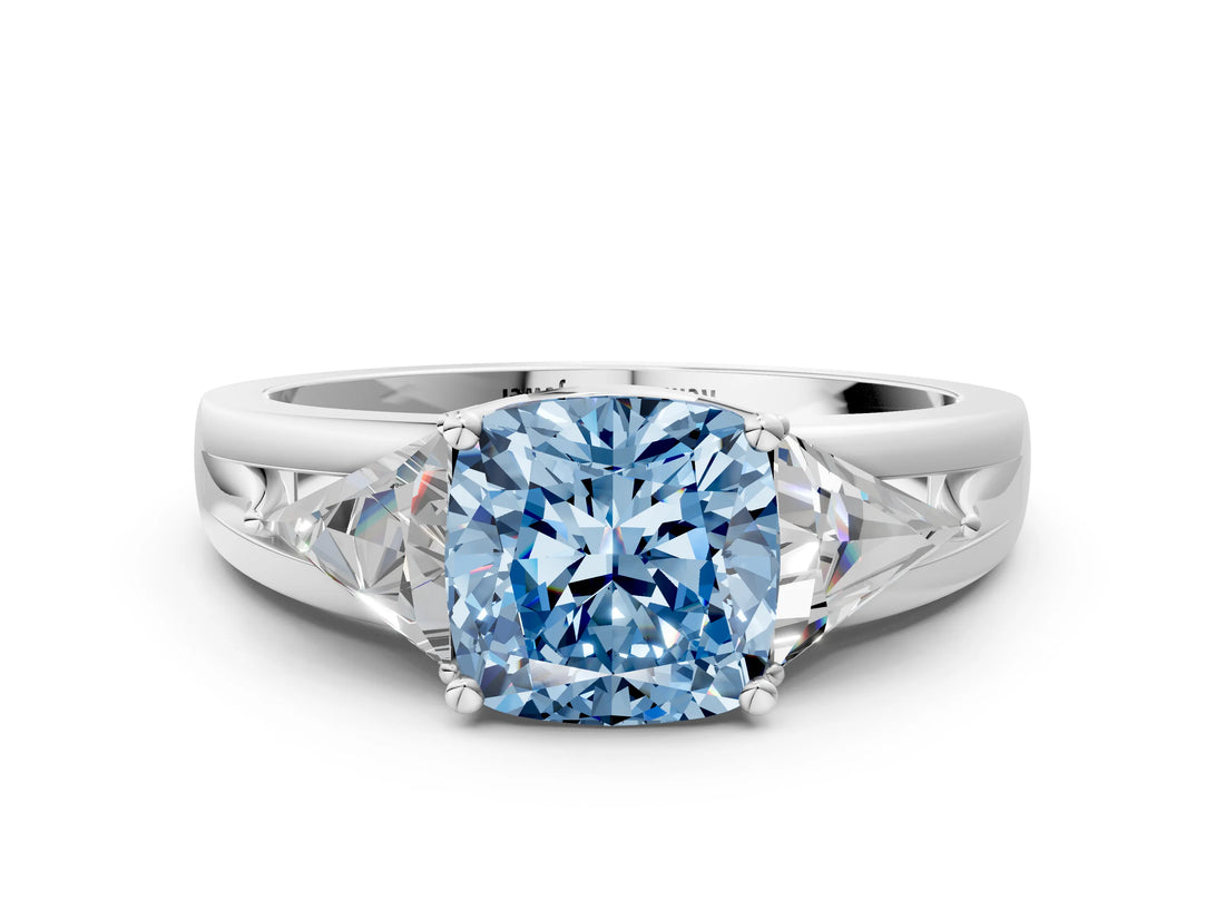 White gold Three-Stone Fancy Blue Cushion Cut Cut Diamond Ring with Trillion Side Stones on a Split Shank Band_12