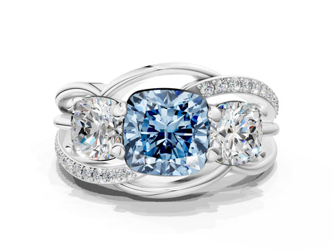 White gold Three-Stone Fancy Blue Cushion Cut Cut Diamond Split Shank Prong Set Ring