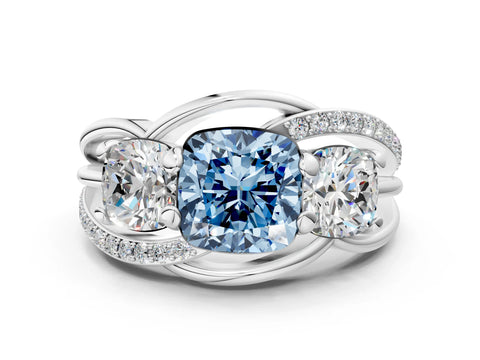 White gold Three-Stone Fancy Blue Cushion Cut Cut Diamond Split Shank Prong Set Ring_12