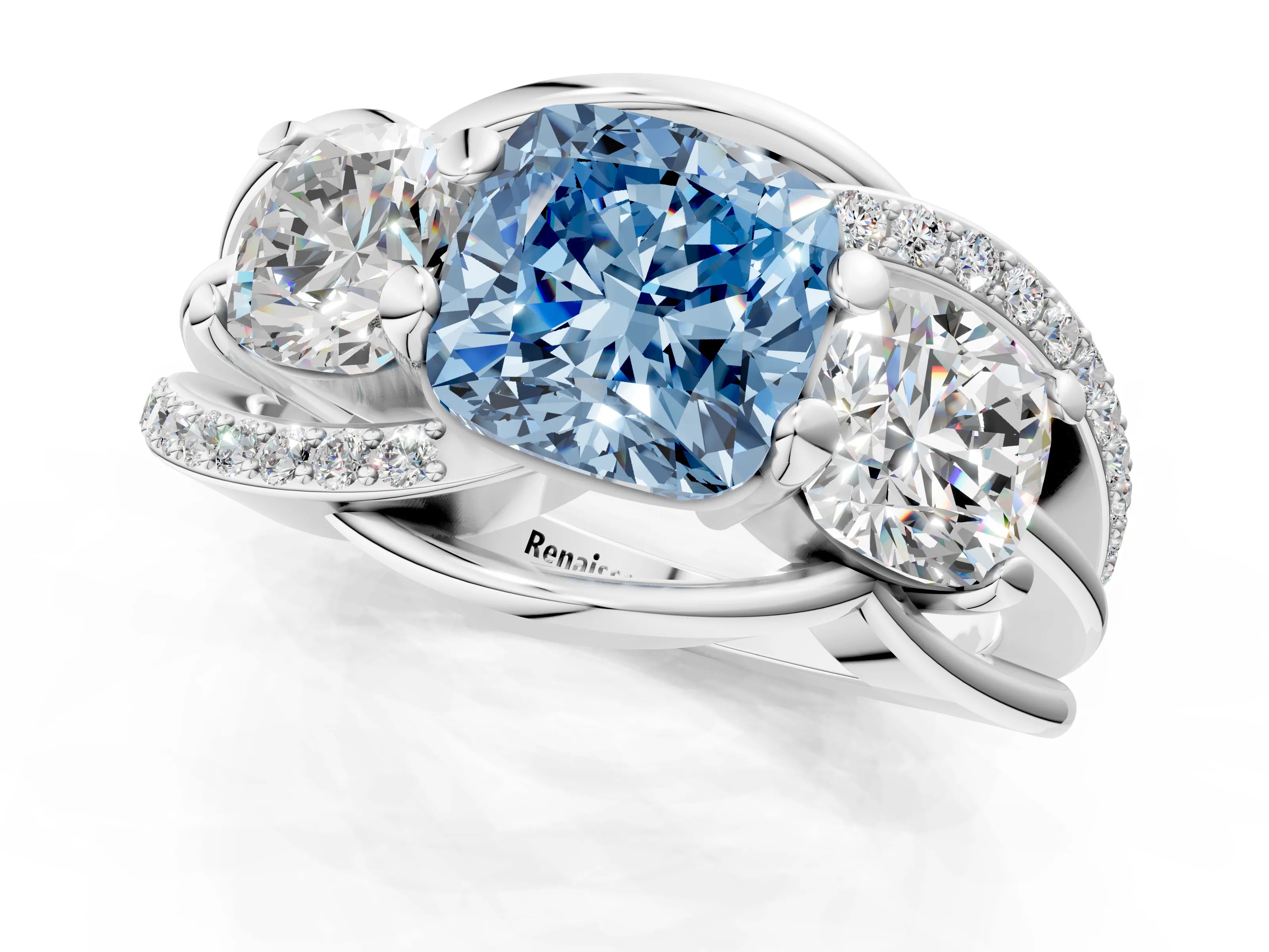 White gold Three-Stone Fancy Blue Cushion Cut Cut Diamond Split Shank Prong Set Ring_13