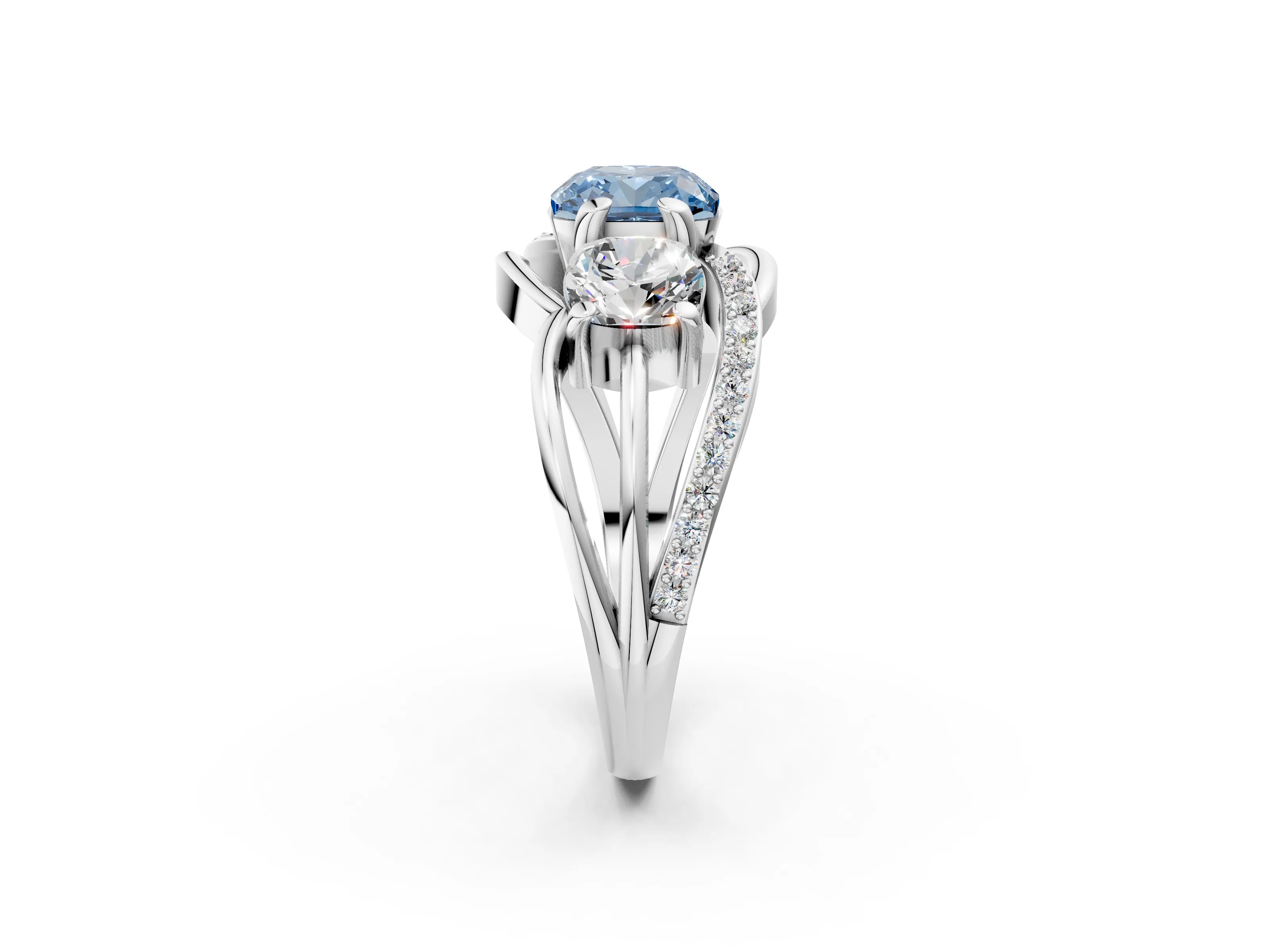 White gold Three-Stone Fancy Blue Cushion Cut Cut Diamond Split Shank Prong Set Ring_14