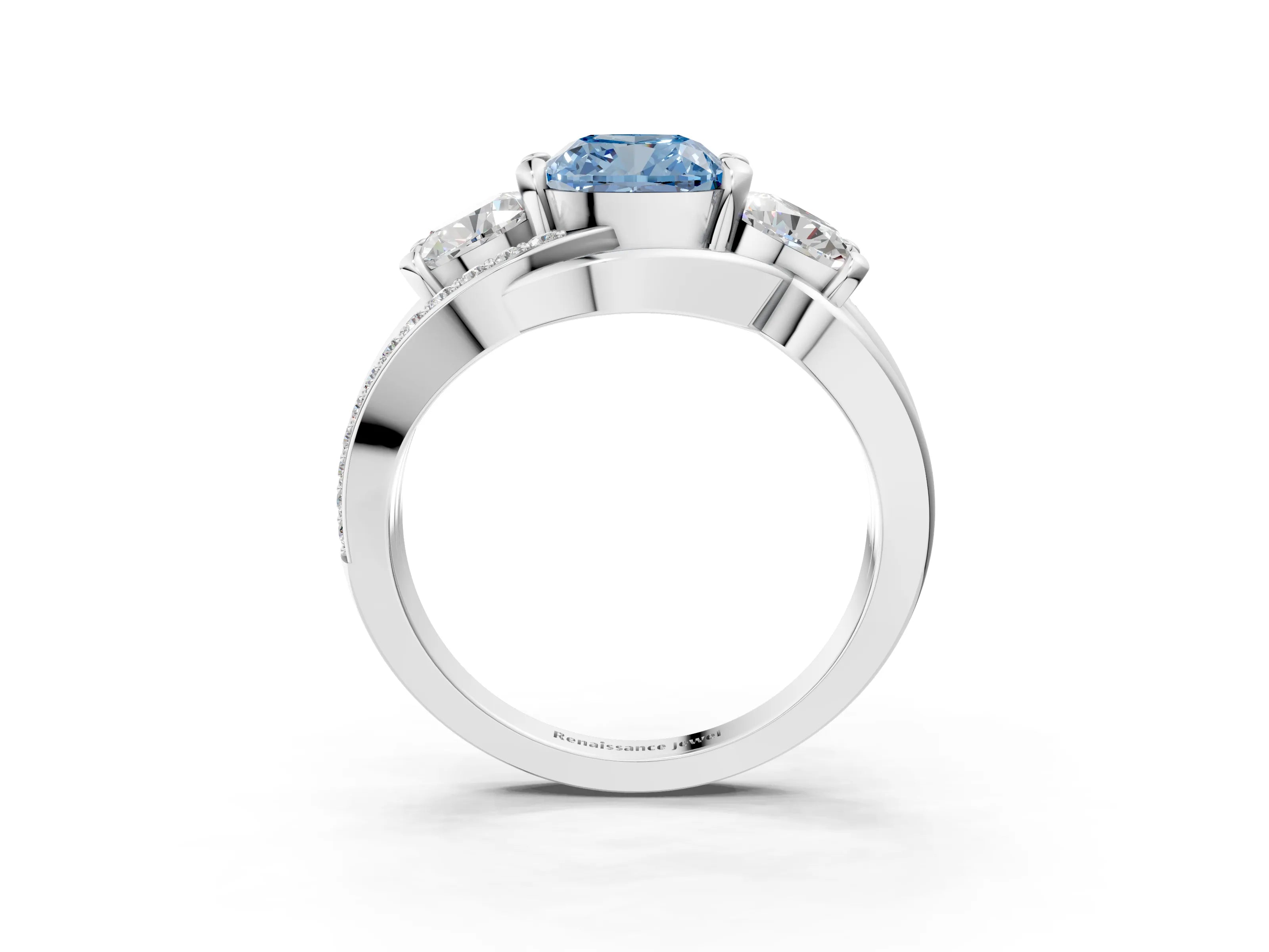 White gold Three-Stone Fancy Blue Cushion Cut Cut Diamond Split Shank Prong Set Ring_15