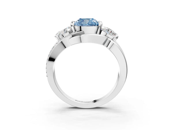 Platinum Three-Stone Fancy Blue Cushion Cut Cut Diamond Split Shank Prong Set Ring