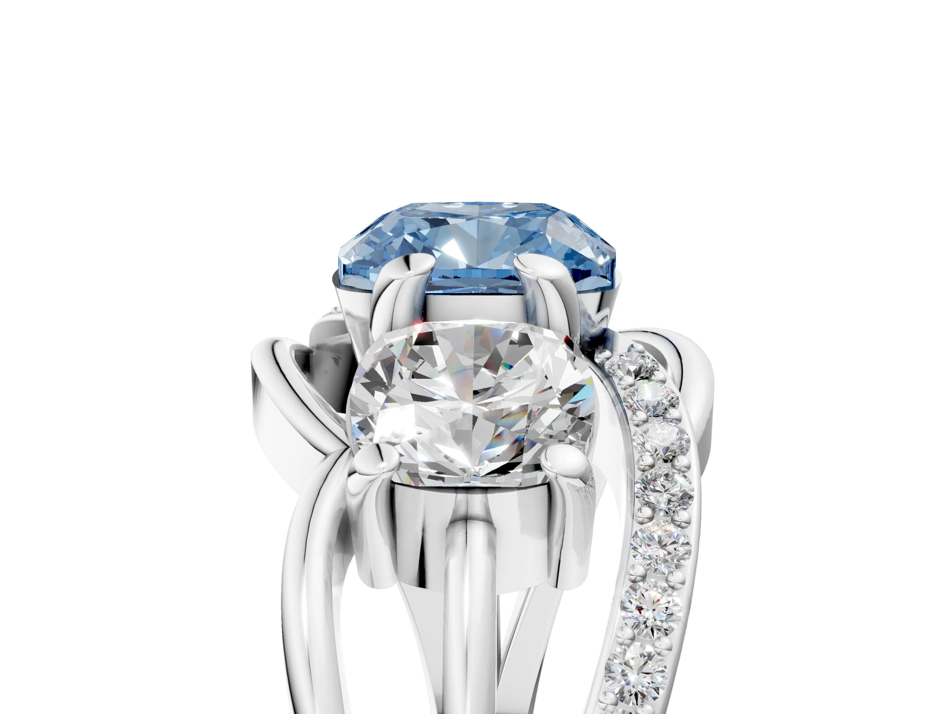 White gold Three-Stone Fancy Blue Cushion Cut Cut Diamond Split Shank Prong Set Ring_17