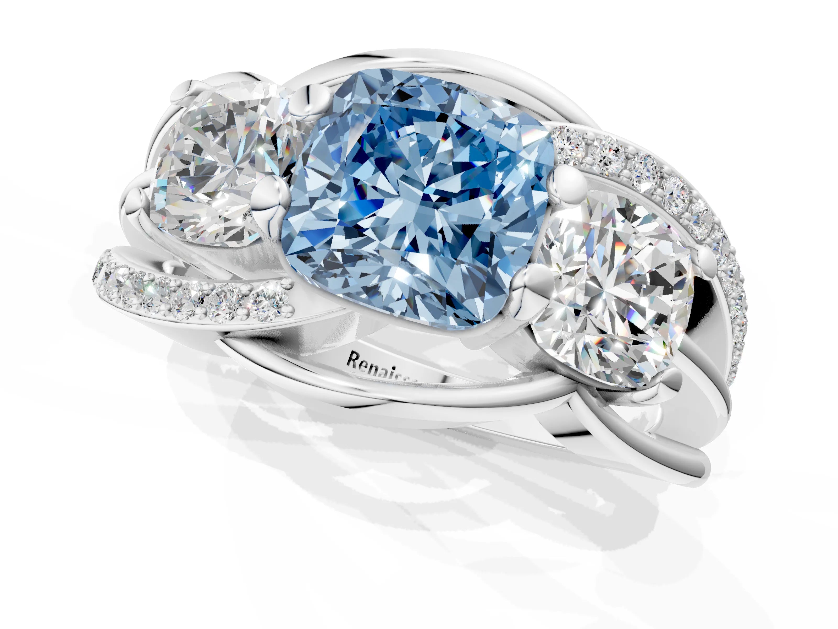 White gold Three-Stone Fancy Blue Cushion Cut Cut Diamond Split Shank Prong Set Ring_1
