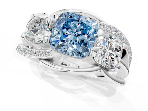 White gold Three-Stone Fancy Blue Cushion Cut Cut Diamond Split Shank Prong Set Ring_1