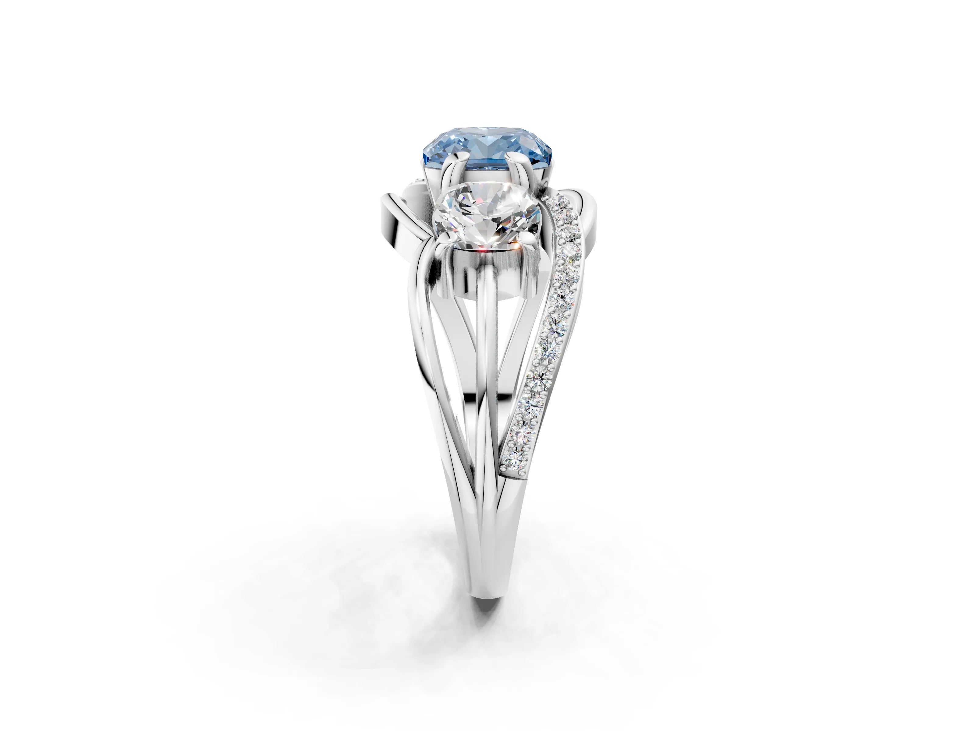 White gold Three-Stone Fancy Blue Cushion Cut Cut Diamond Split Shank Prong Set Ring_2