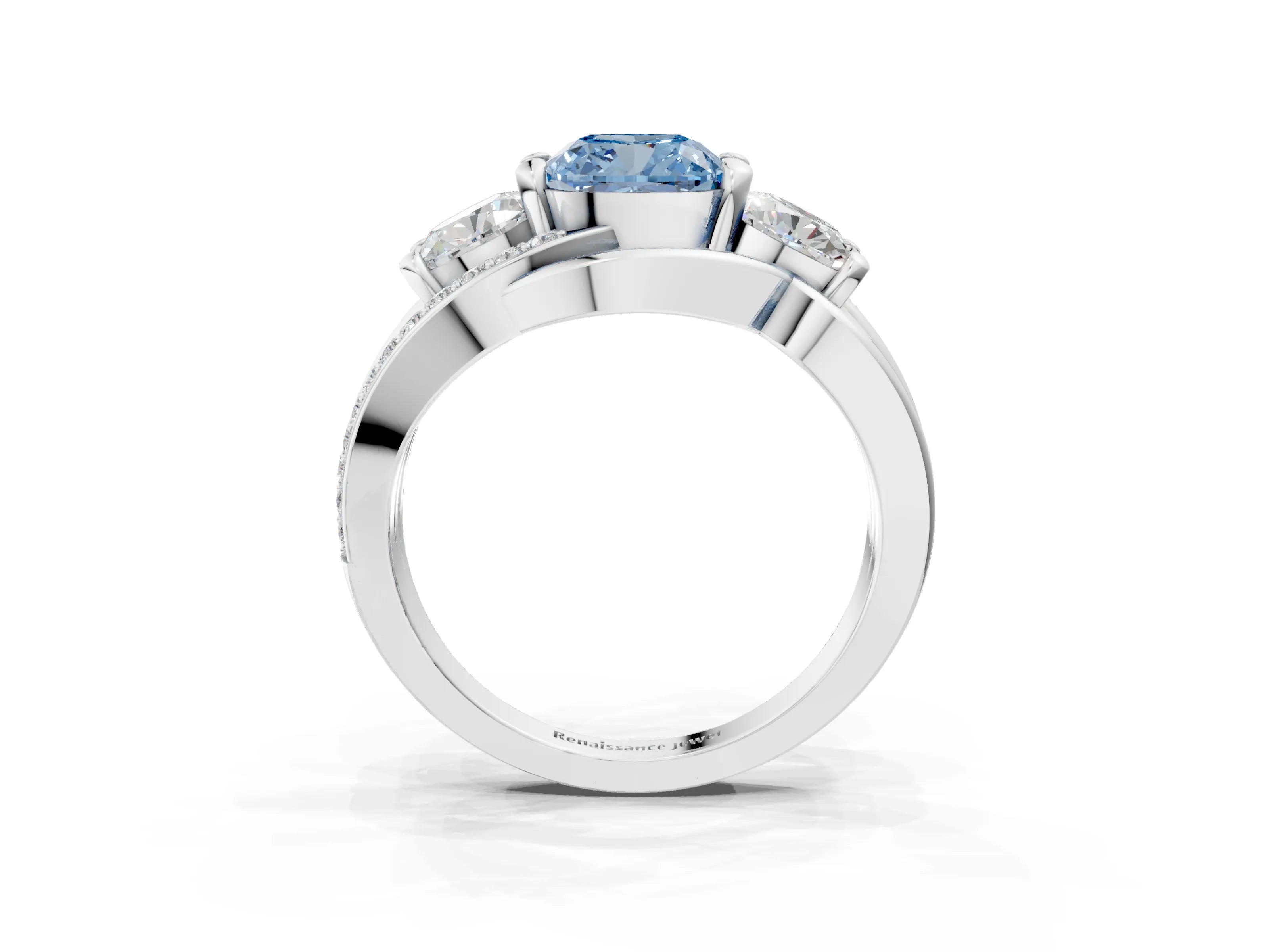 White gold Three-Stone Fancy Blue Cushion Cut Cut Diamond Split Shank Prong Set Ring_3