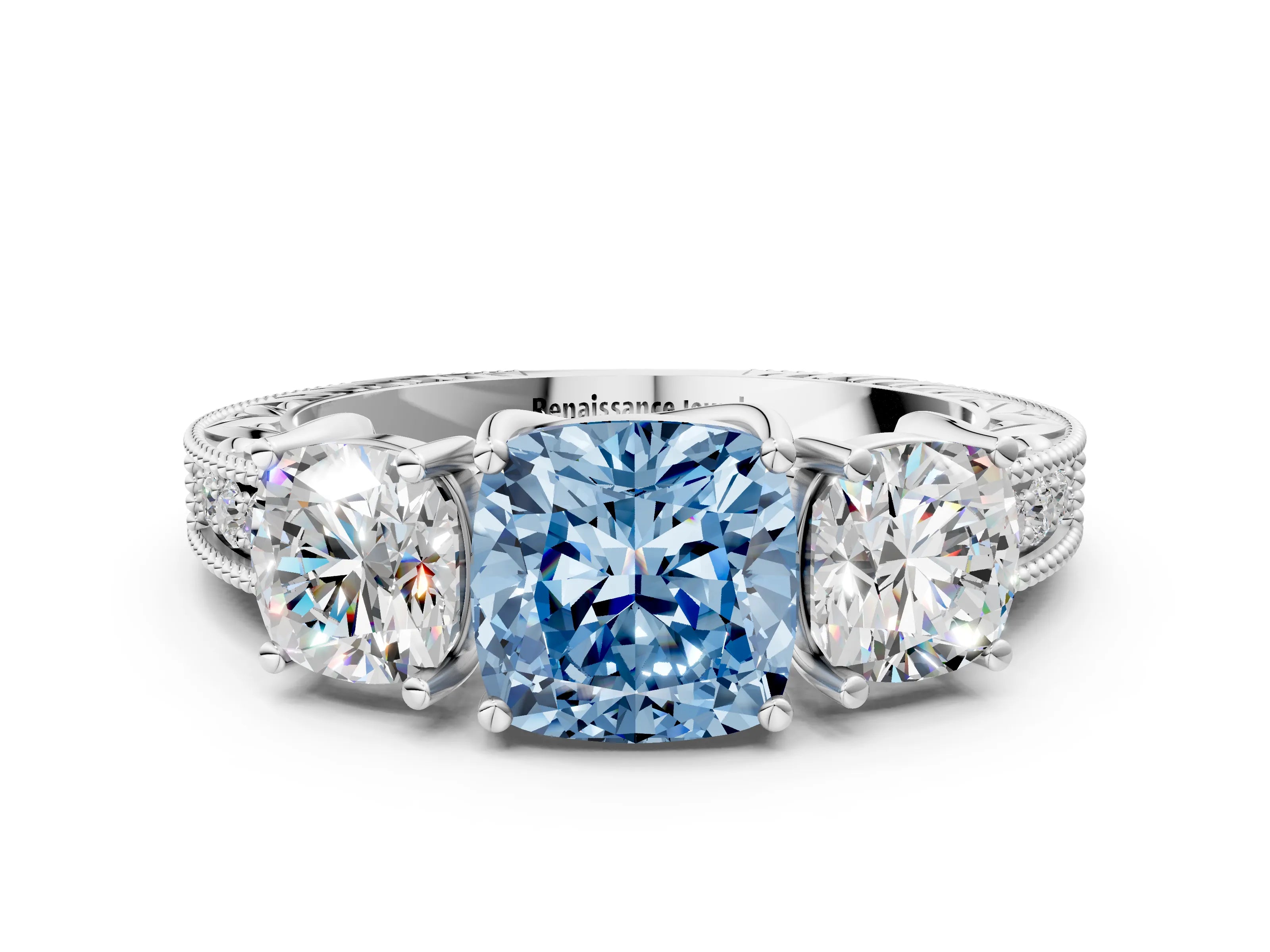 White gold Three-Stone Fancy Blue Cushion Cut Cut Milgrain Pavé Engagement Ring