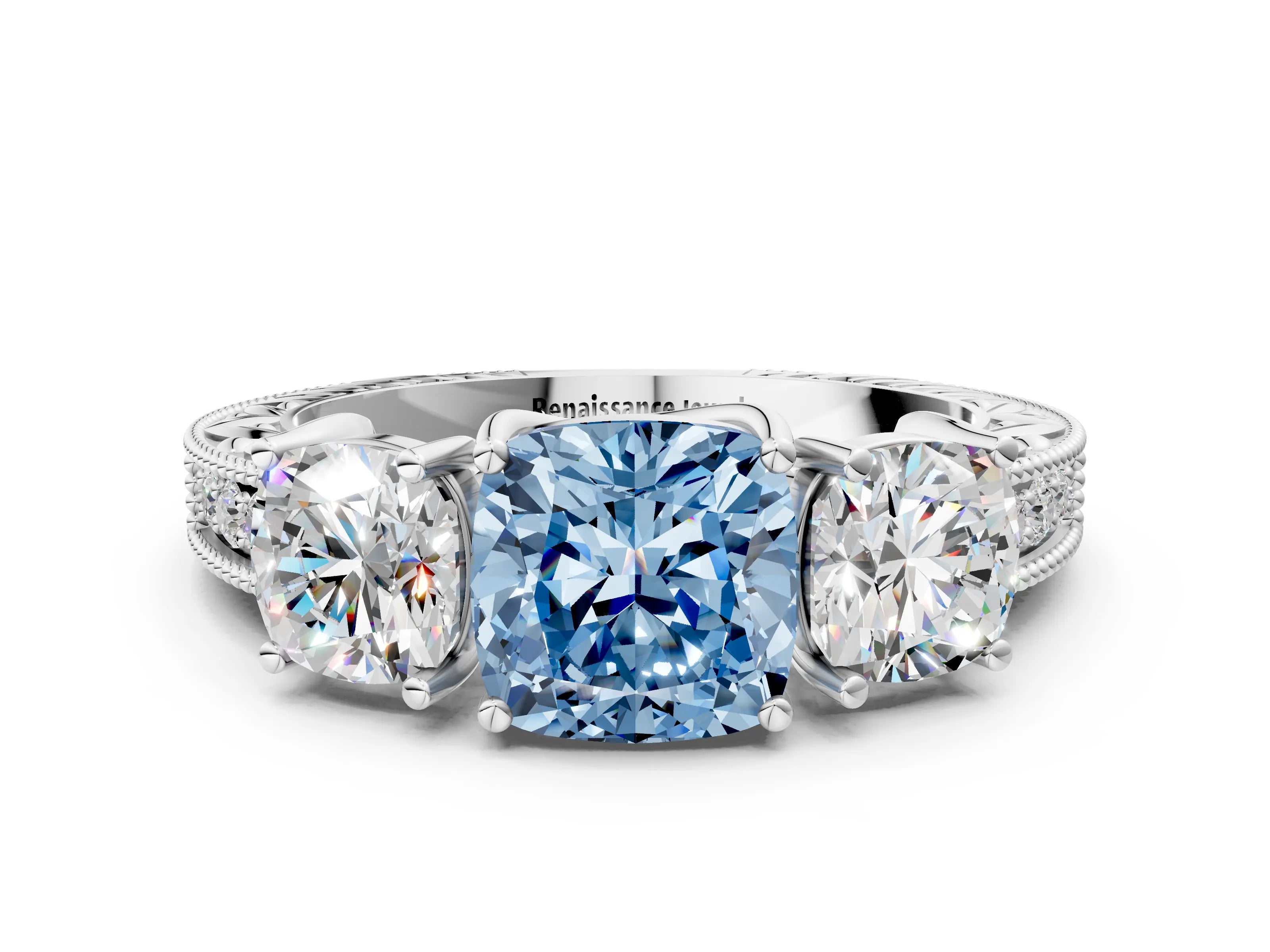 White gold Three-Stone Fancy Blue Cushion Cut Cut Milgrain Pavé Engagement Ring_12