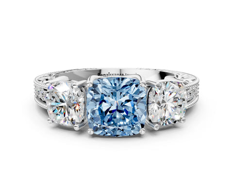 White gold Three-Stone Fancy Blue Cushion Cut Cut Milgrain Pavé Engagement Ring_12