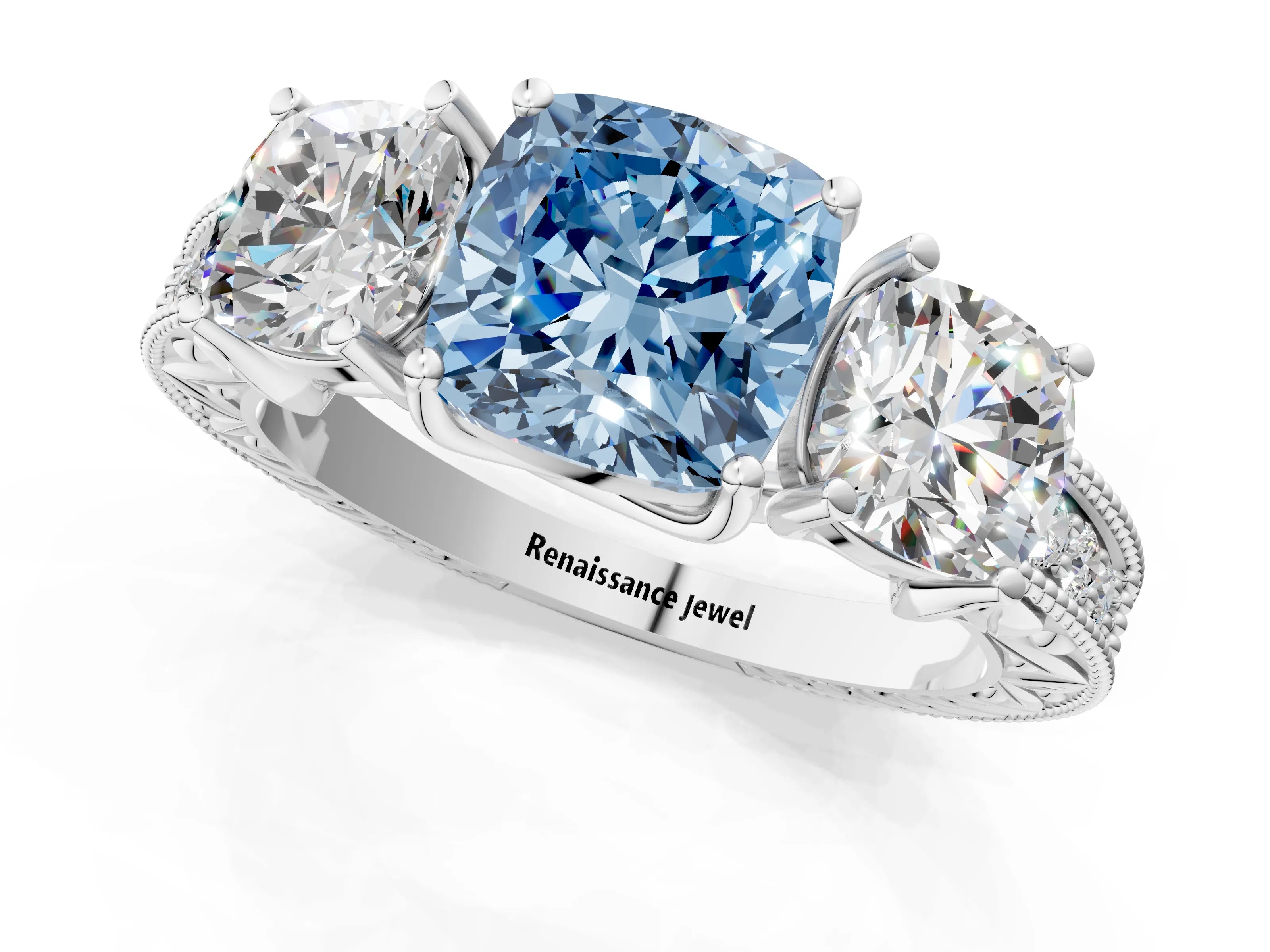 White gold Three-Stone Fancy Blue Cushion Cut Cut Milgrain Pavé Engagement Ring_13