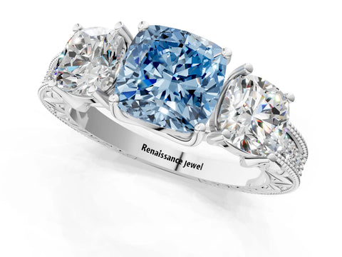 White gold Three-Stone Fancy Blue Cushion Cut Cut Milgrain Pavé Engagement Ring_13
