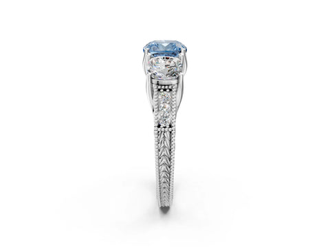 White gold Three-Stone Fancy Blue Cushion Cut Cut Milgrain Pavé Engagement Ring_14