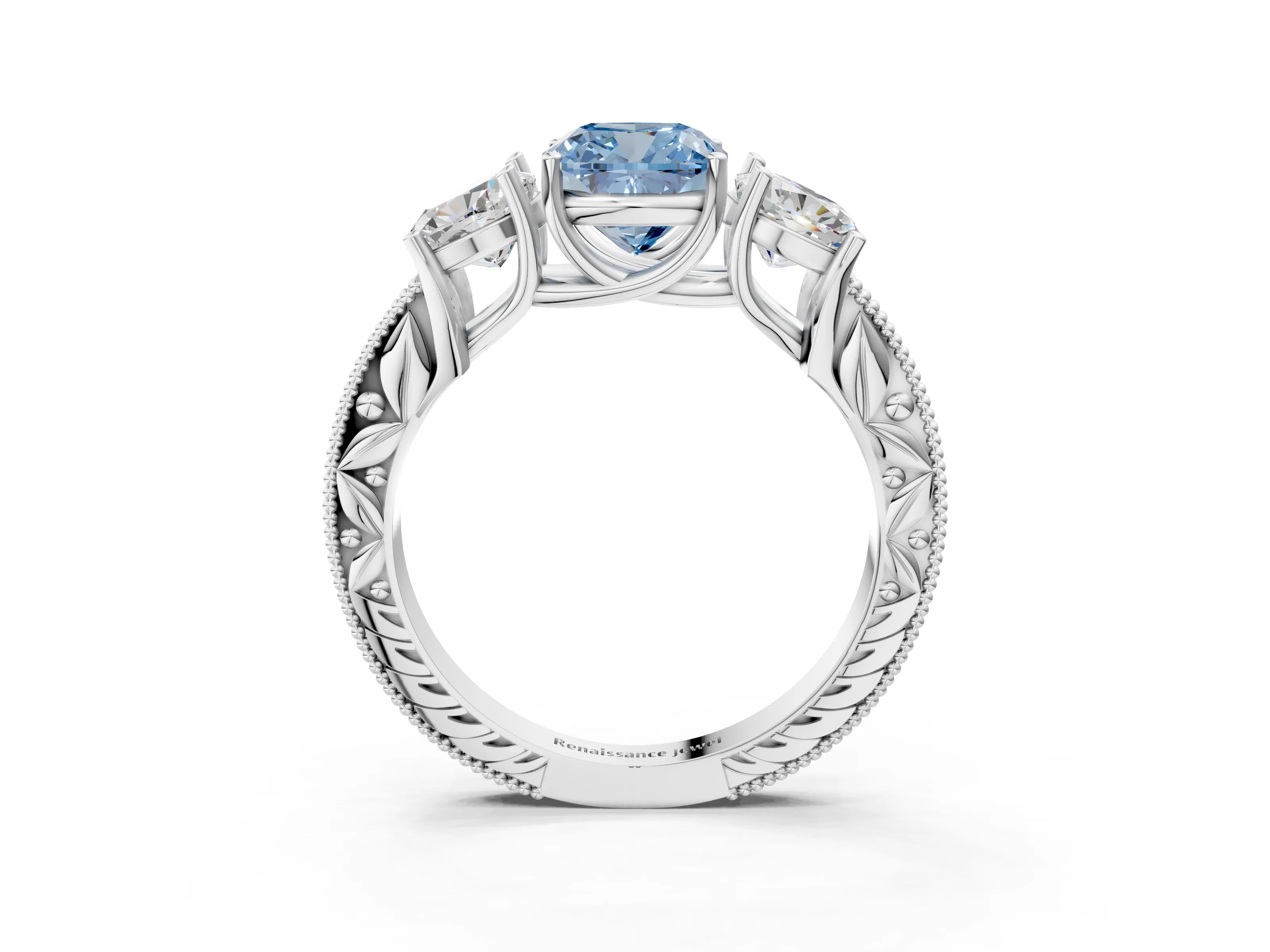 White gold Three-Stone Fancy Blue Cushion Cut Cut Milgrain Pavé Engagement Ring_15