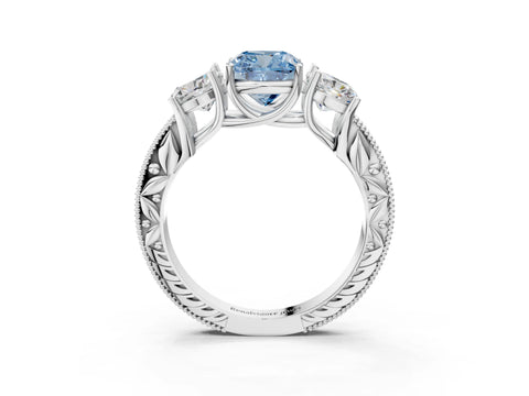 White gold Three-Stone Fancy Blue Cushion Cut Cut Milgrain Pavé Engagement Ring_15