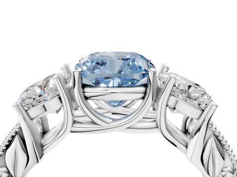 White gold Three-Stone Fancy Blue Cushion Cut Cut Milgrain Pavé Engagement Ring_16