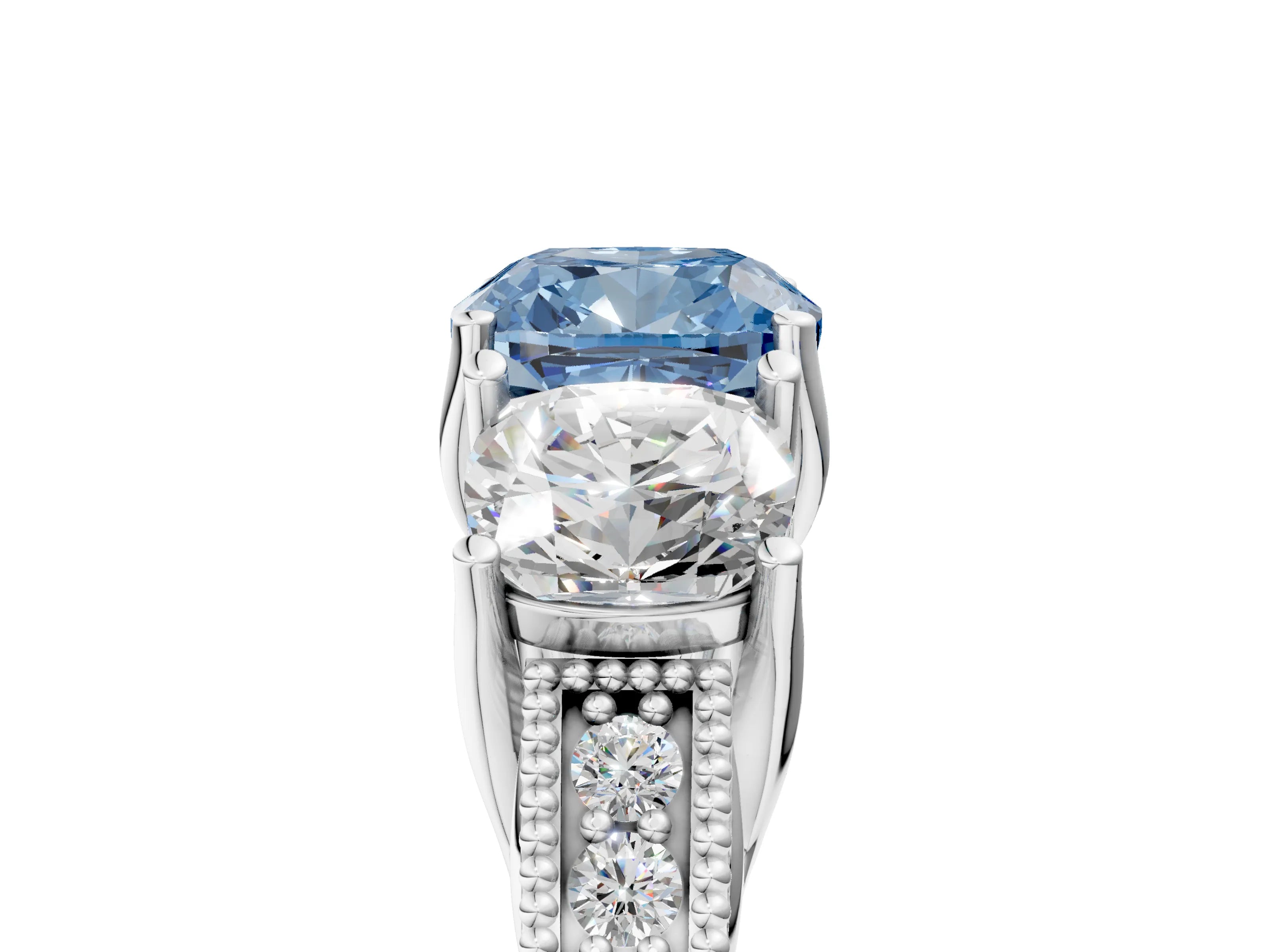 White gold Three-Stone Fancy Blue Cushion Cut Cut Milgrain Pavé Engagement Ring_17