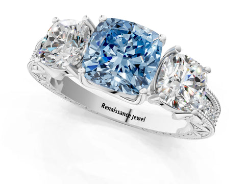 White gold Three-Stone Fancy Blue Cushion Cut Cut Milgrain Pavé Engagement Ring_1