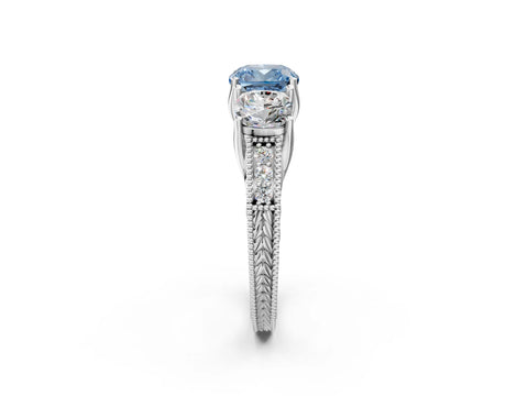 White gold Three-Stone Fancy Blue Cushion Cut Cut Milgrain Pavé Engagement Ring_2