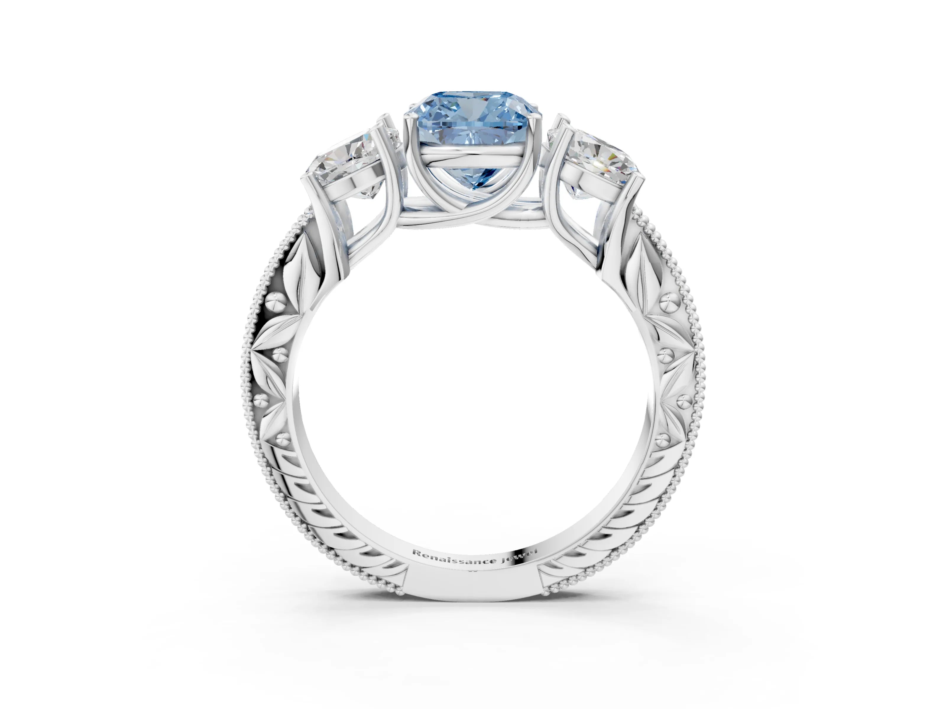White gold Three-Stone Fancy Blue Cushion Cut Cut Milgrain Pavé Engagement Ring_3
