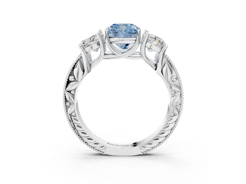 White gold Three-Stone Fancy Blue Cushion Cut Cut Milgrain Pavé Engagement Ring_3