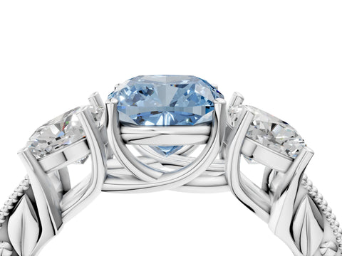 White gold Three-Stone Fancy Blue Cushion Cut Cut Milgrain Pavé Engagement Ring_4