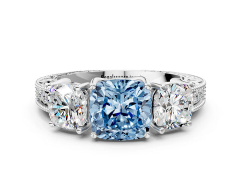 White gold Three-Stone Fancy Blue Cushion Cut Cut Milgrain Pavé Engagement Ring