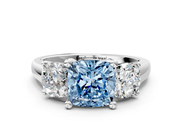 Platinum Three-Stone Fancy Blue Cushion Cut Cut Solitaire Ring with Classic Prong Setting