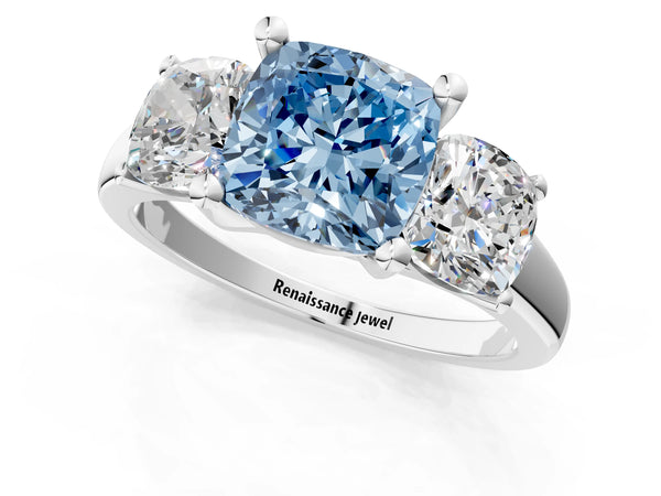 Platinum Three-Stone Fancy Blue Cushion Cut Cut Solitaire Ring with Classic Prong Setting