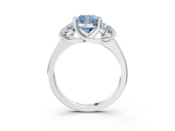 Platinum Three-Stone Fancy Blue Cushion Cut Cut Solitaire Ring with Classic Prong Setting