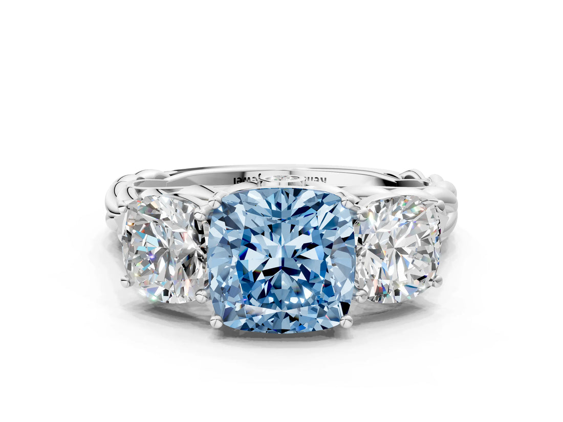 White gold Three-Stone Fancy Blue Cushion Cut Diamond Braided Band Ring with Four-Prong Setting_77