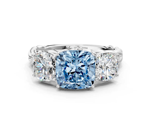 Platinum Three-Stone Fancy Blue Cushion Cut Diamond Braided Band Ring with Four-Prong Setting